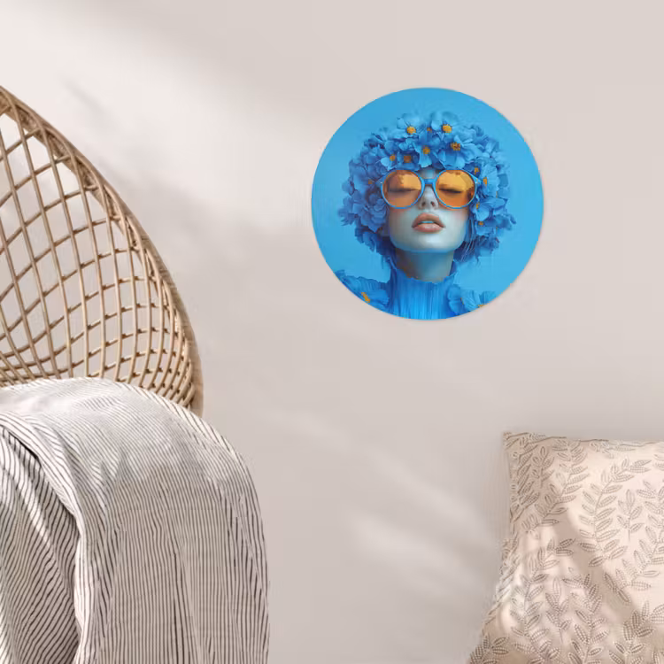 Vrouw - Bloem - Blauw - Modern - Bril - Portret Wandcirkel behangsticker klein -sfeer4