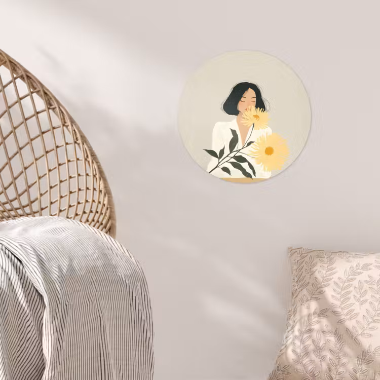 Vrouw - Bloem - Geel - Minimalistisch Wandcirkel behangsticker klein -sfeer4