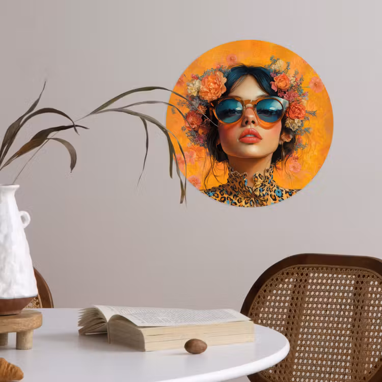 Vrouw - Bloemen - Aesthetic - Oranje Wandcirkel behangsticker klein -sfeer3