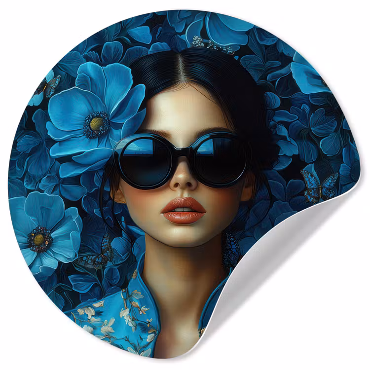 Vrouw - Bloemen - Blauw - Aesthetic - Luxe Wandcirkel behangsticker klein -3d