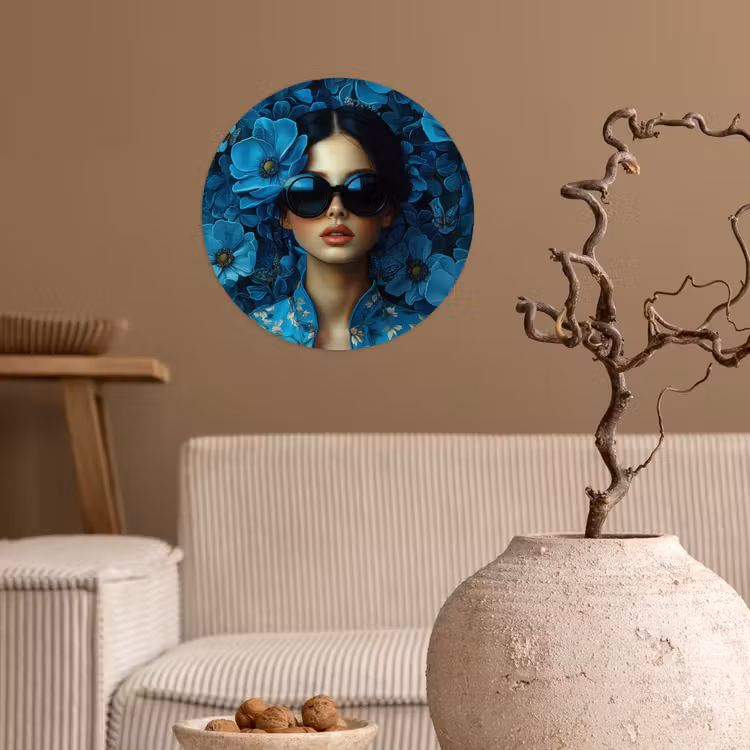 Vrouw - Bloemen - Blauw - Aesthetic - Luxe Wandcirkel behangsticker klein -sfeer1