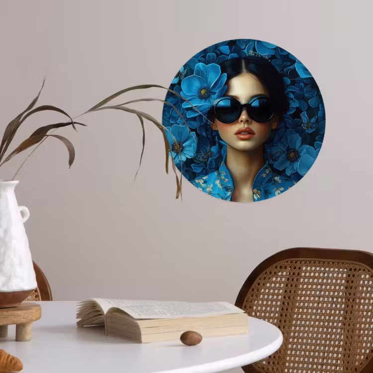 Vrouw - Bloemen - Blauw - Aesthetic - Luxe Wandcirkel behangsticker klein -sfeer3