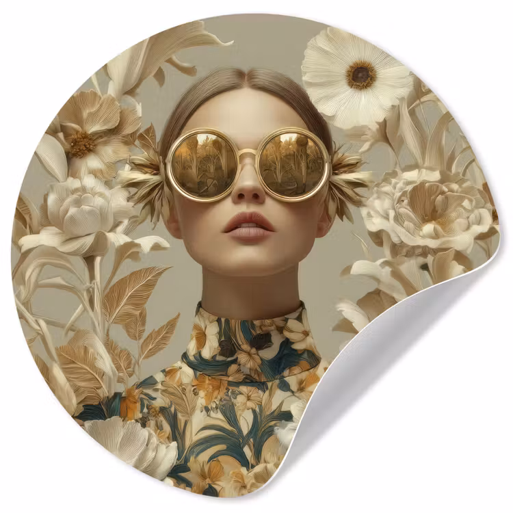 Vrouw - Bloemen - Zonnebril - Wit Wandcirkel behangsticker klein -3d
