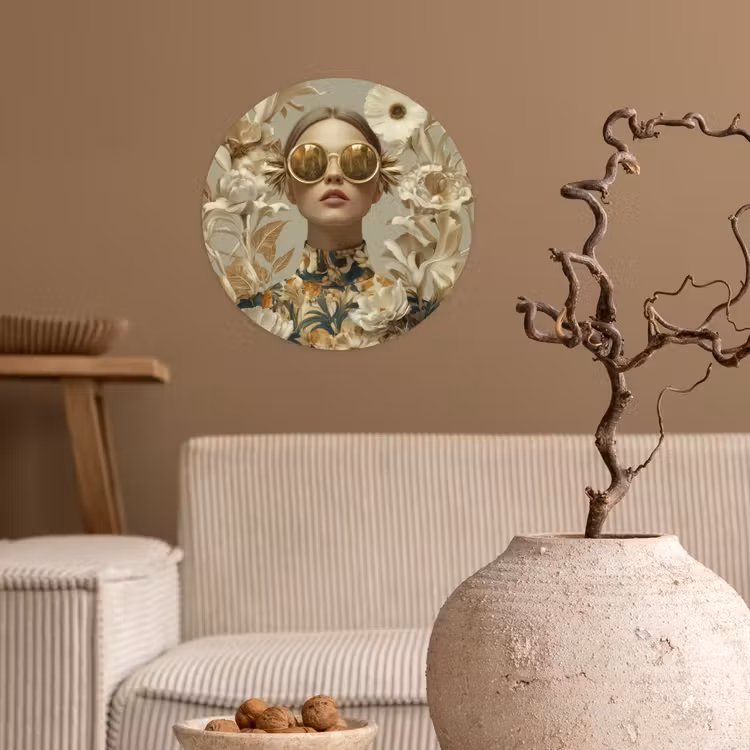 Vrouw - Bloemen - Zonnebril - Wit Wandcirkel behangsticker klein -sfeer1