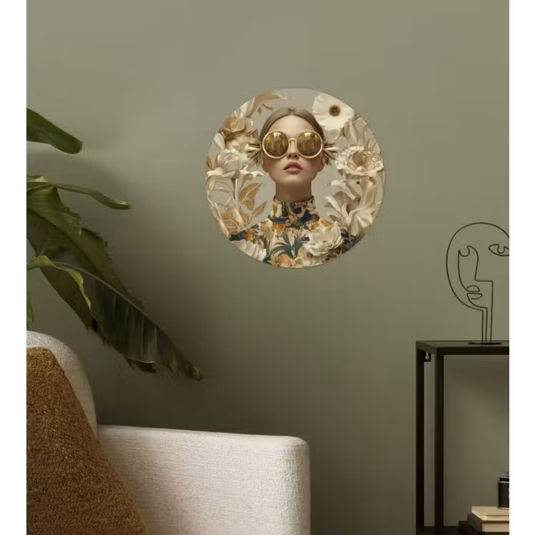 Vrouw - Bloemen - Zonnebril - Wit Wandcirkel behangsticker klein -sfeer2
