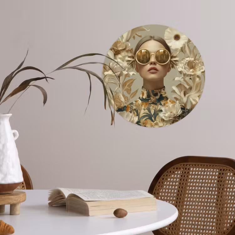 Vrouw - Bloemen - Zonnebril - Wit Wandcirkel behangsticker klein -sfeer3