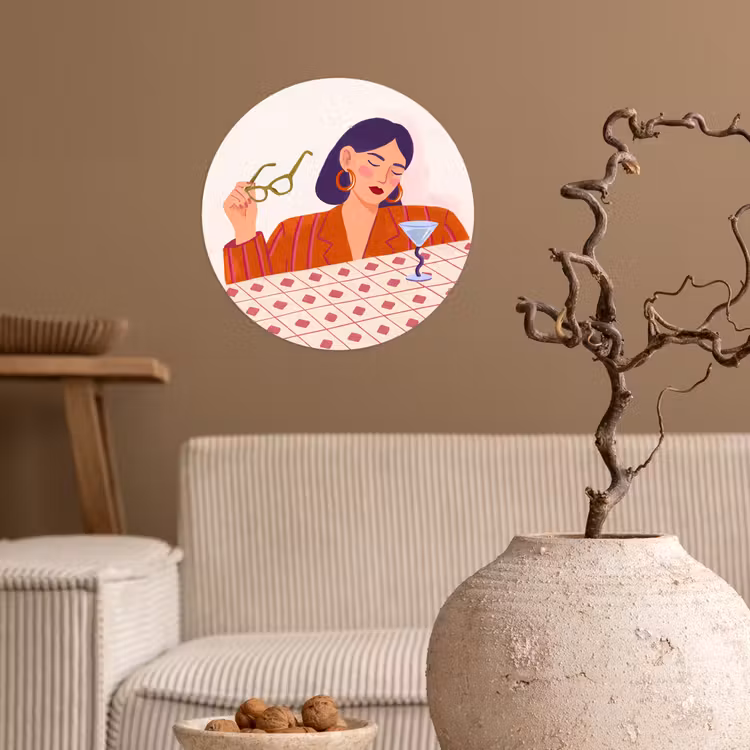 Vrouw - Bril - Cocktail - Illustratie - Modern Wandcirkel behangsticker klein -sfeer1
