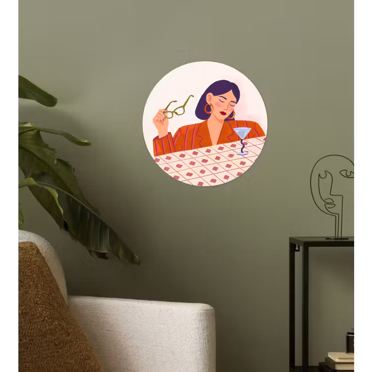 Vrouw - Bril - Cocktail - Illustratie - Modern Wandcirkel behangsticker klein -sfeer2