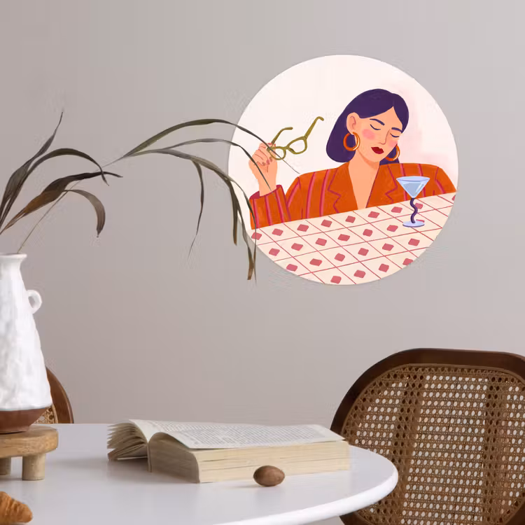 Vrouw - Bril - Cocktail - Illustratie - Modern Wandcirkel behangsticker klein -sfeer3