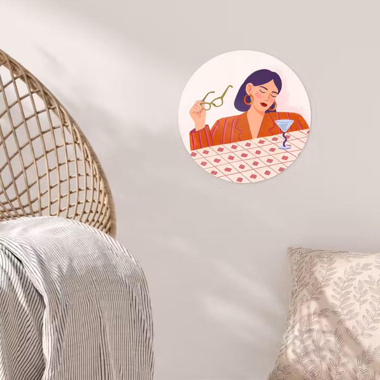 Vrouw - Bril - Cocktail - Illustratie - Modern Wandcirkel behangsticker klein -sfeer4
