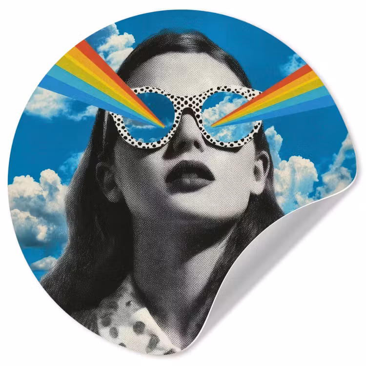 Vrouw - Bril - Regenboog - Wolken Wandcirkel behangsticker klein -3d