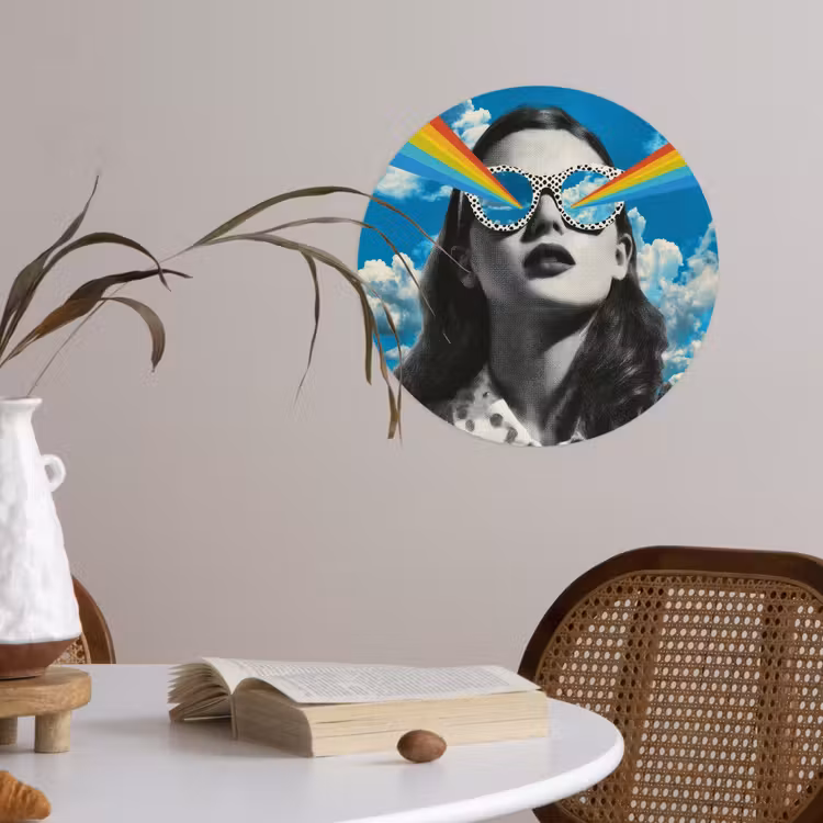 Vrouw - Bril - Regenboog - Wolken Wandcirkel behangsticker klein -sfeer3