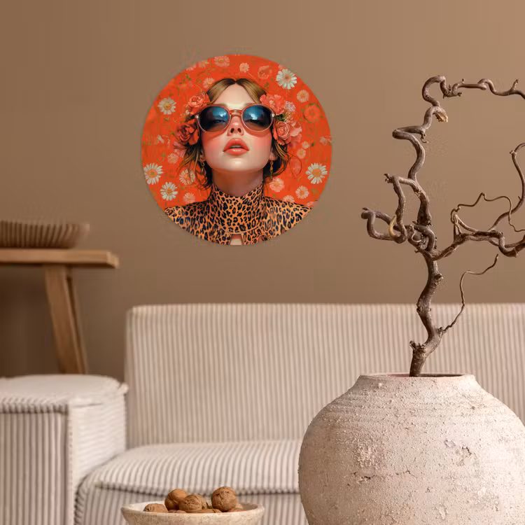 Vrouw - Kleurrijk - Dierenprint - Bloemen Wandcirkel behangsticker klein -sfeer1