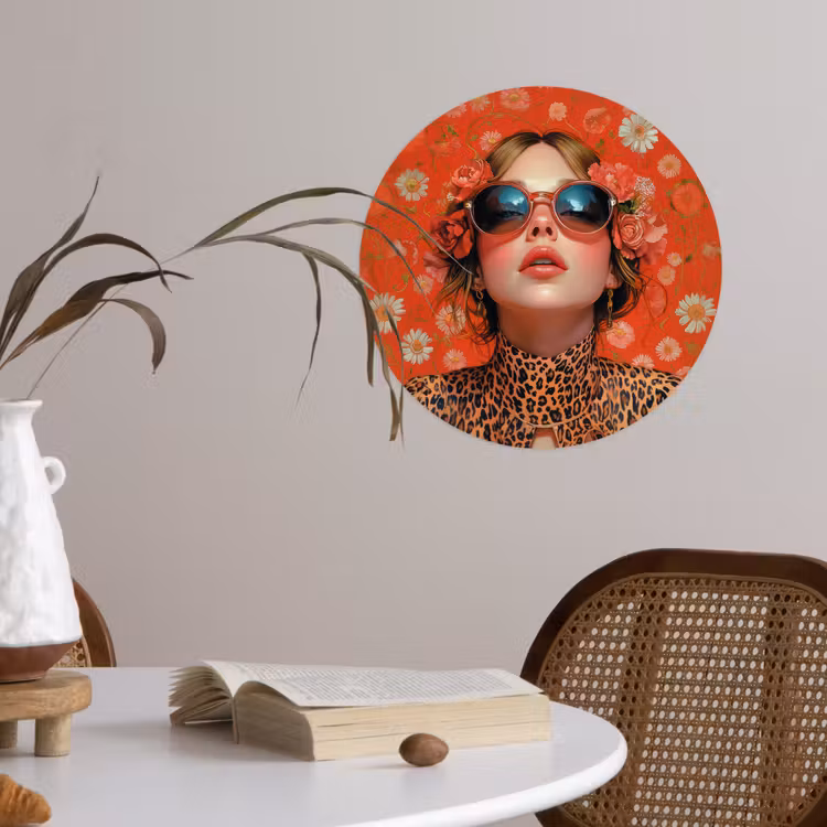 Vrouw - Kleurrijk - Dierenprint - Bloemen Wandcirkel behangsticker klein -sfeer3