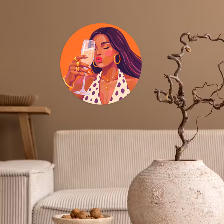 Vrouw - Champagne - Feest - Modern - Oranje Wandcirkel behangsticker klein -sfeer1