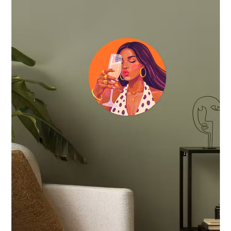 Vrouw - Champagne - Feest - Modern - Oranje Wandcirkel behangsticker klein -sfeer2