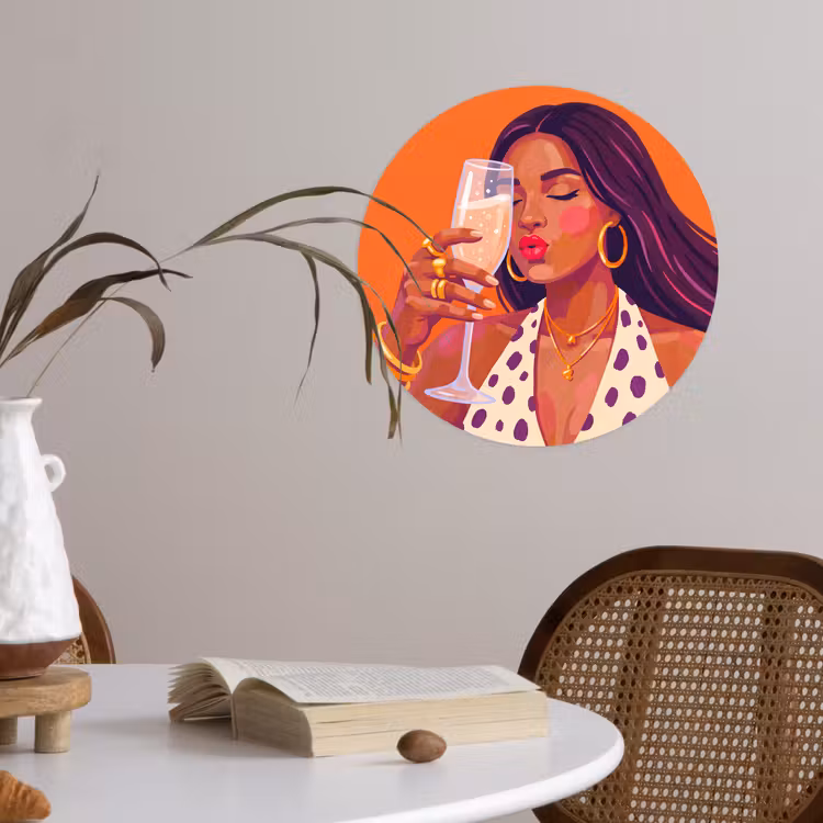 Vrouw - Champagne - Feest - Modern - Oranje Wandcirkel behangsticker klein -sfeer3