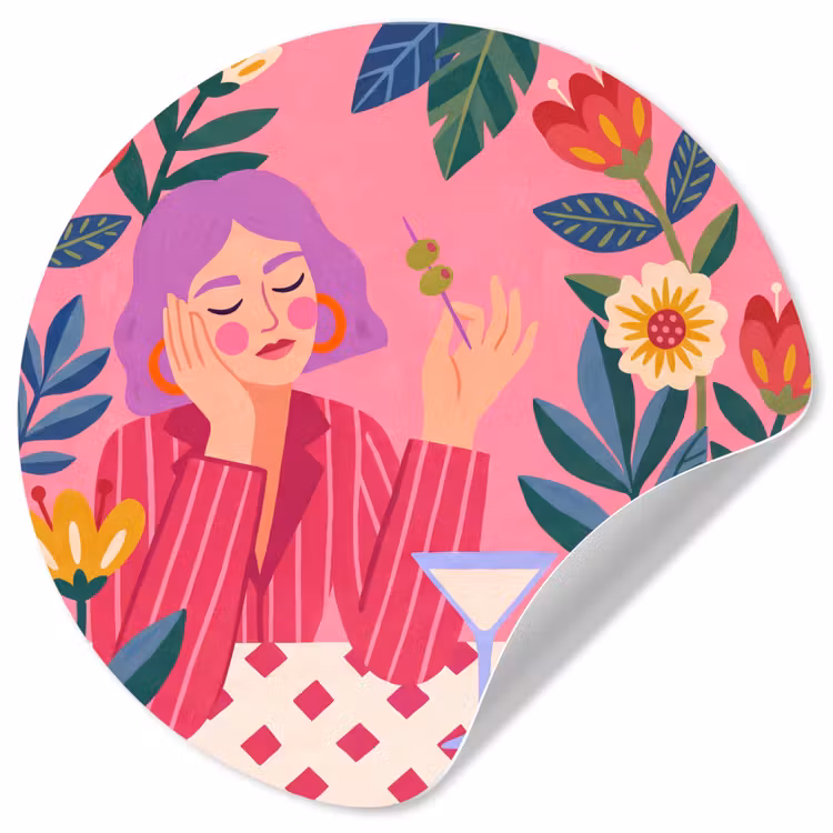 Vrouw - Cocktail - Bloemen - Modern - Roze Wandcirkel behangsticker klein -3d