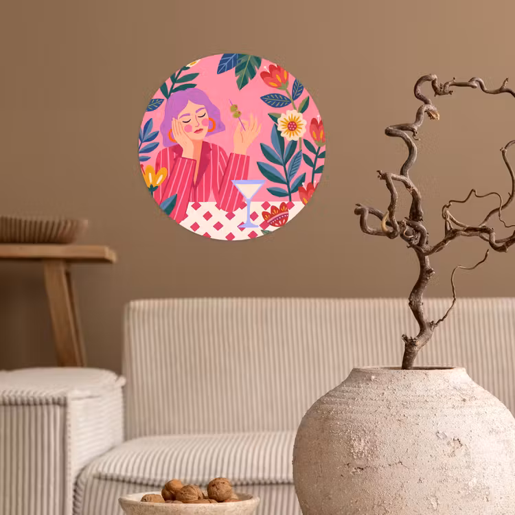 Vrouw - Cocktail - Bloemen - Modern - Roze Wandcirkel behangsticker klein -sfeer1