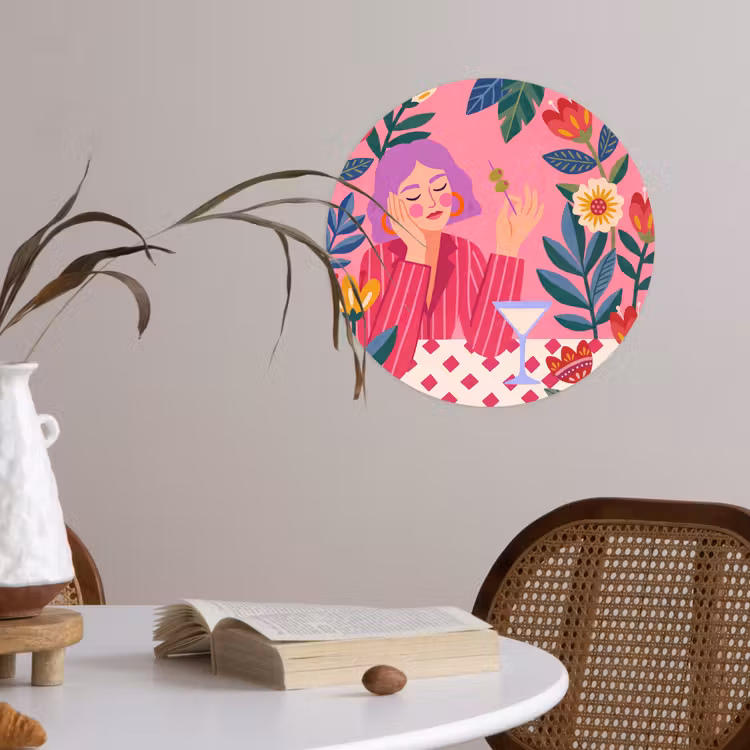 Vrouw - Cocktail - Bloemen - Modern - Roze Wandcirkel behangsticker klein -sfeer3