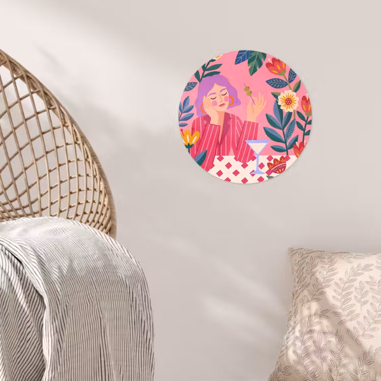 Vrouw - Cocktail - Bloemen - Modern - Roze Wandcirkel behangsticker klein -sfeer4
