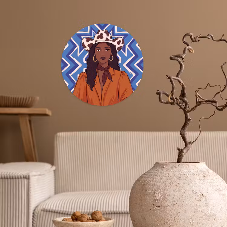 Vrouw - Cowboyhoed - Portret - Modern - Blauw Wandcirkel behangsticker klein -sfeer1