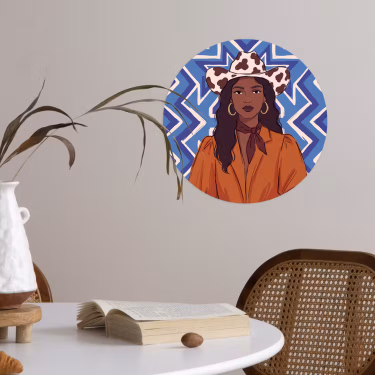 Vrouw - Cowboyhoed - Portret - Modern - Blauw Wandcirkel behangsticker klein -sfeer3
