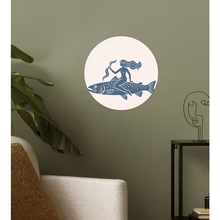 Vrouw - Vis - Fantasie - Abstract - Blauw Wandcirkel behangsticker klein -sfeer2