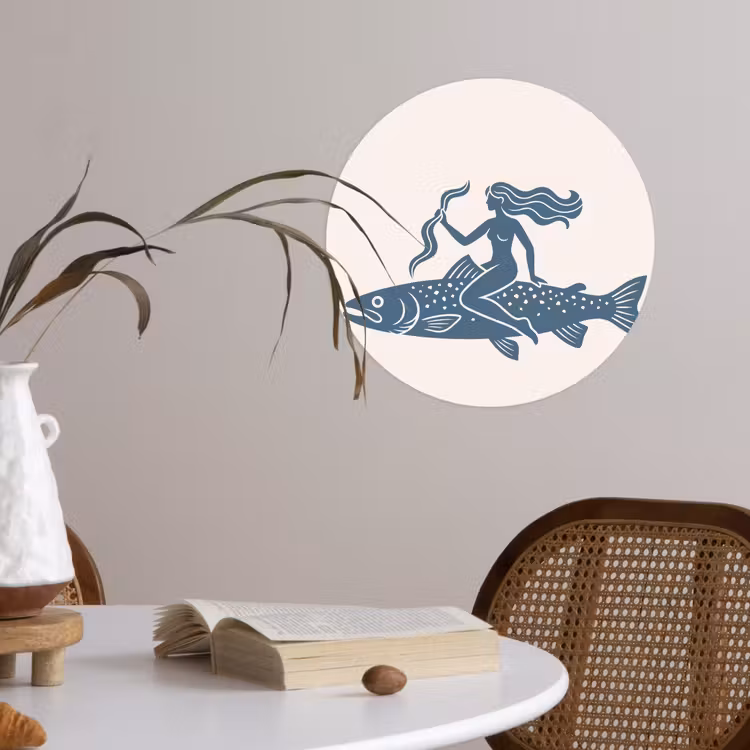 Vrouw - Vis - Fantasie - Abstract - Blauw Wandcirkel behangsticker klein -sfeer3