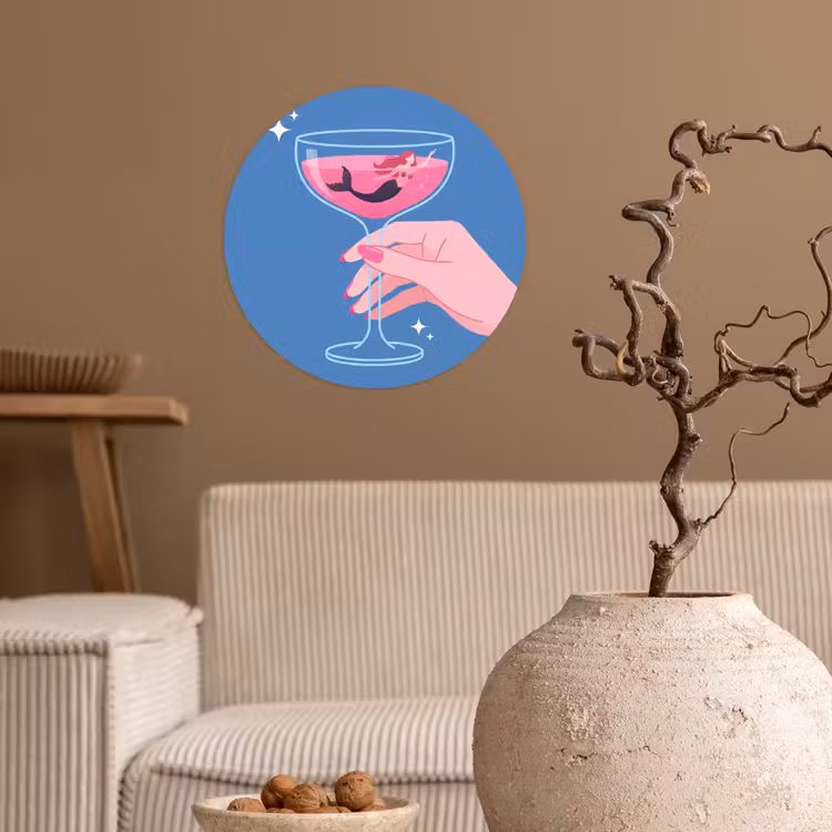 Vrouw - Glas - Abstract - Roze - Blauw Wandcirkel behangsticker klein -sfeer1