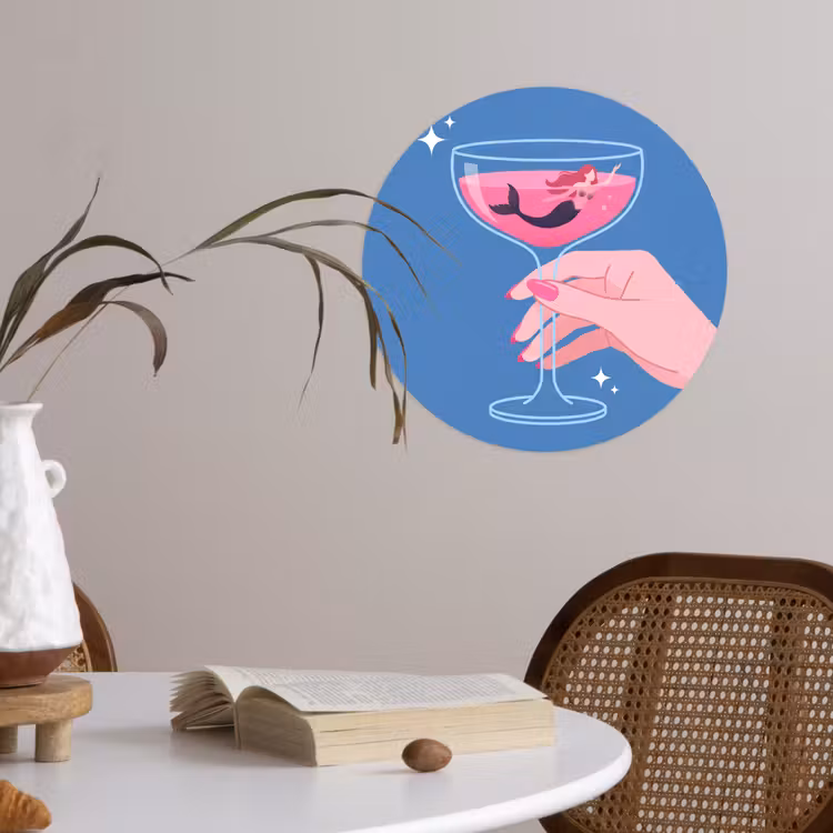 Vrouw - Glas - Abstract - Roze - Blauw Wandcirkel behangsticker klein -sfeer3