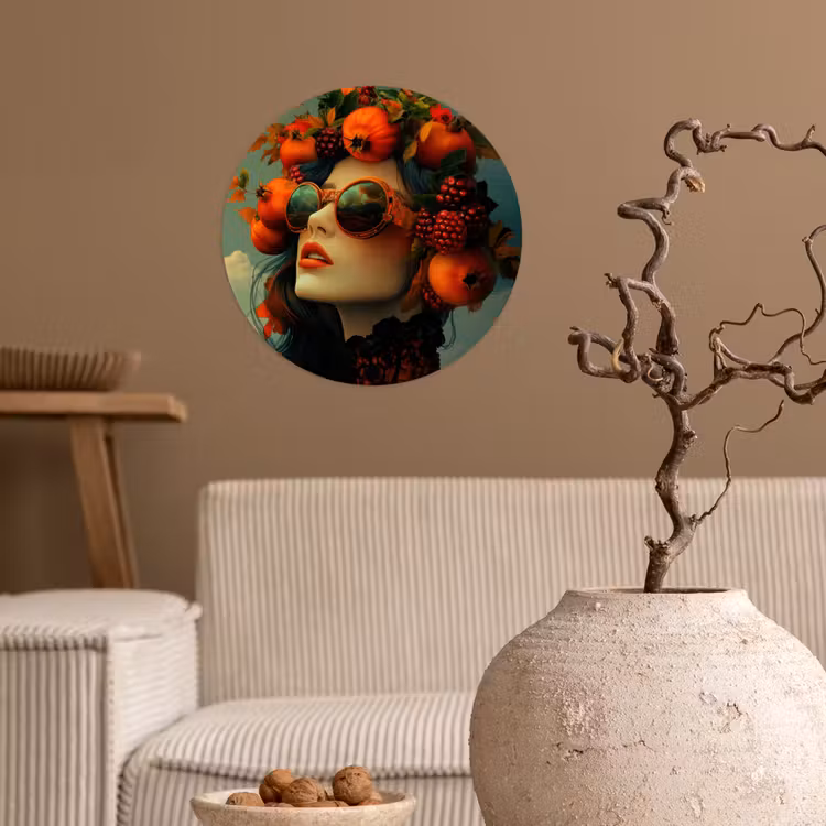 Vrouw - Granaatappel - Herfst - Zonnebril Wandcirkel behangsticker klein -sfeer1
