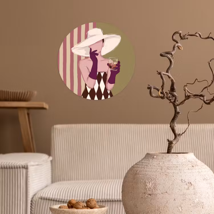 Vrouw - Hoed - Mode - Abstract - Kleurrijk Wandcirkel behangsticker klein -sfeer1