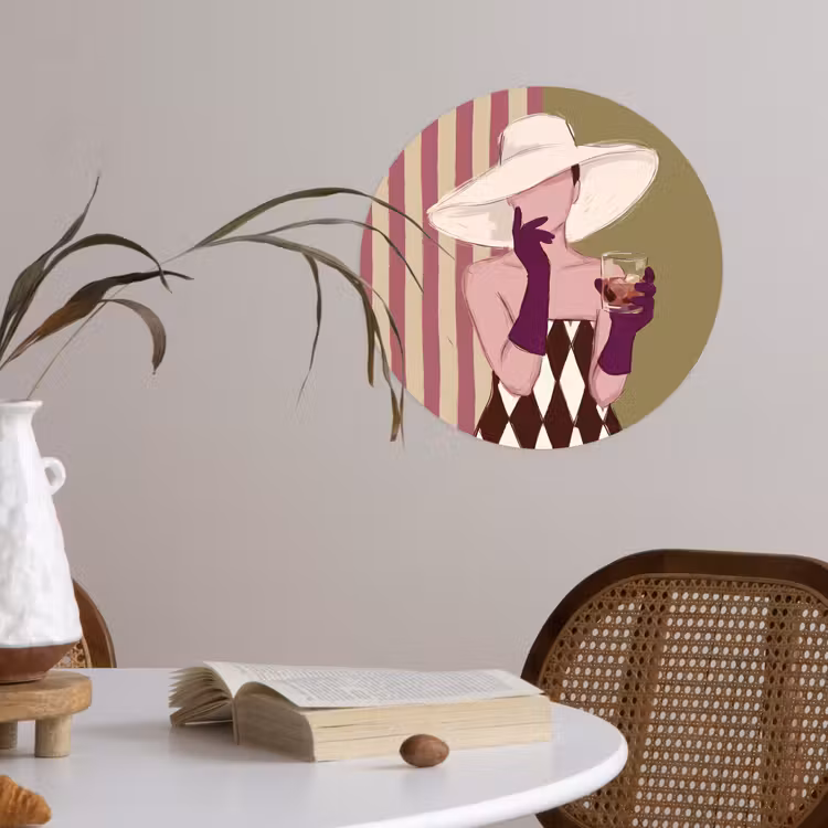 Vrouw - Hoed - Mode - Abstract - Kleurrijk Wandcirkel behangsticker klein -sfeer3