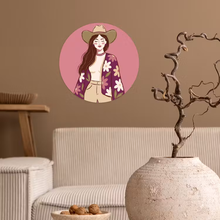 Vrouw - Hoed - Portret - Illustratie - Roze Wandcirkel behangsticker klein -sfeer1