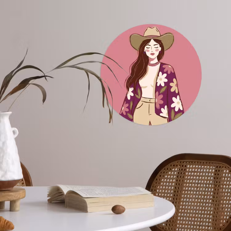 Vrouw - Hoed - Portret - Illustratie - Roze Wandcirkel behangsticker klein -sfeer3