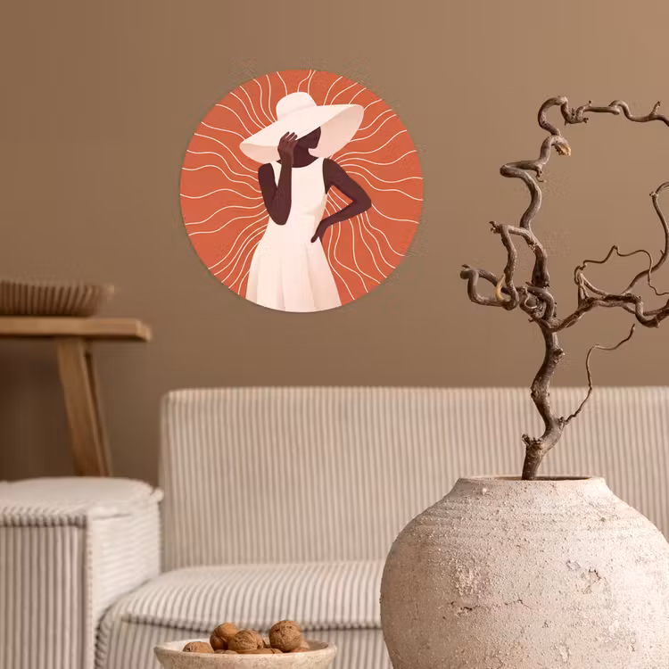 Vrouw - Hoed - Portret - Modern - Beige Wandcirkel behangsticker klein -sfeer1