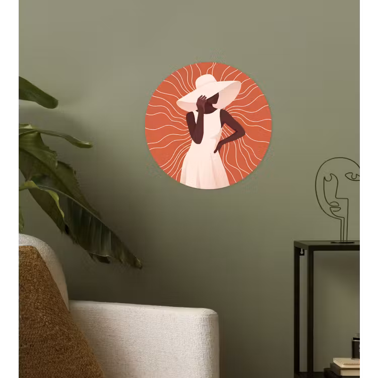 Vrouw - Hoed - Portret - Modern - Beige Wandcirkel behangsticker klein -sfeer2