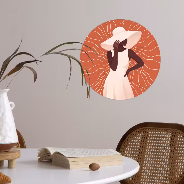 Vrouw - Hoed - Portret - Modern - Beige Wandcirkel behangsticker klein -sfeer3