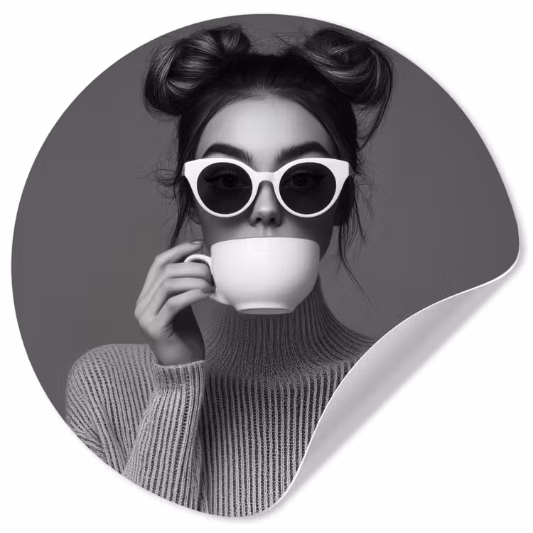 Vrouw - Koffie - Zwart - Wit Wandcirkel behangsticker klein -3d