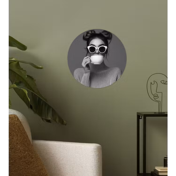 Vrouw - Koffie - Zwart - Wit Wandcirkel behangsticker klein -sfeer2
