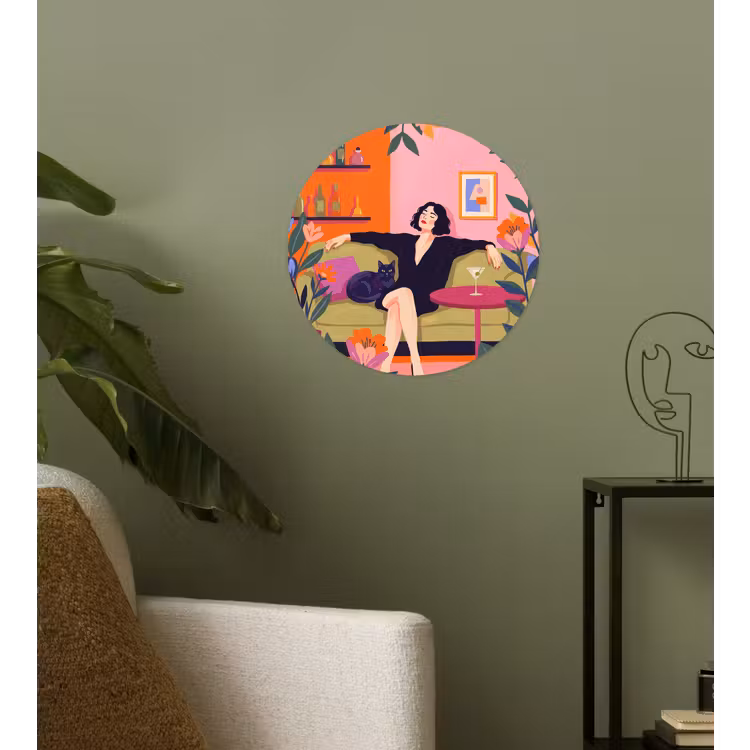 Vrouw - Kat - Interieur - Modern - Kleurrijk Wandcirkel behangsticker klein -sfeer2