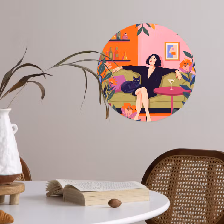 Vrouw - Kat - Interieur - Modern - Kleurrijk Wandcirkel behangsticker klein -sfeer3