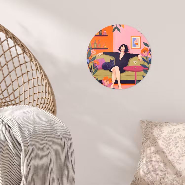 Vrouw - Kat - Interieur - Modern - Kleurrijk Wandcirkel behangsticker klein -sfeer4