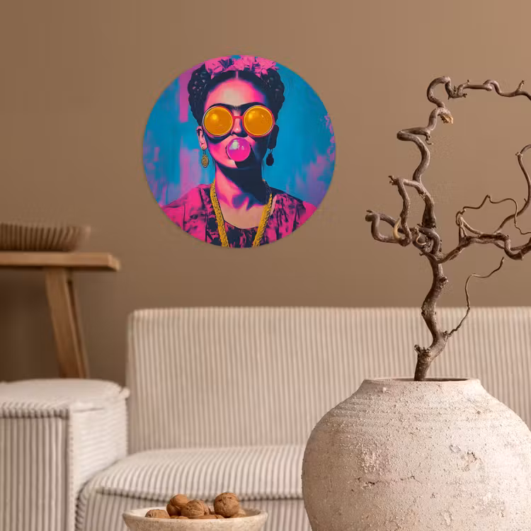 Vrouw - Kauwgom - Zonnebril - Oranje Wandcirkel behangsticker klein -sfeer1