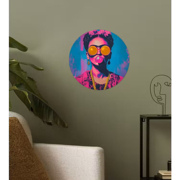 Vrouw - Kauwgom - Zonnebril - Oranje Wandcirkel behangsticker klein -sfeer2