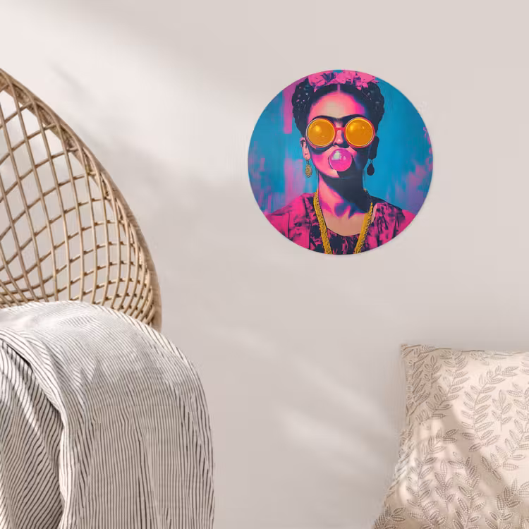 Vrouw - Kauwgom - Zonnebril - Oranje Wandcirkel behangsticker klein -sfeer4