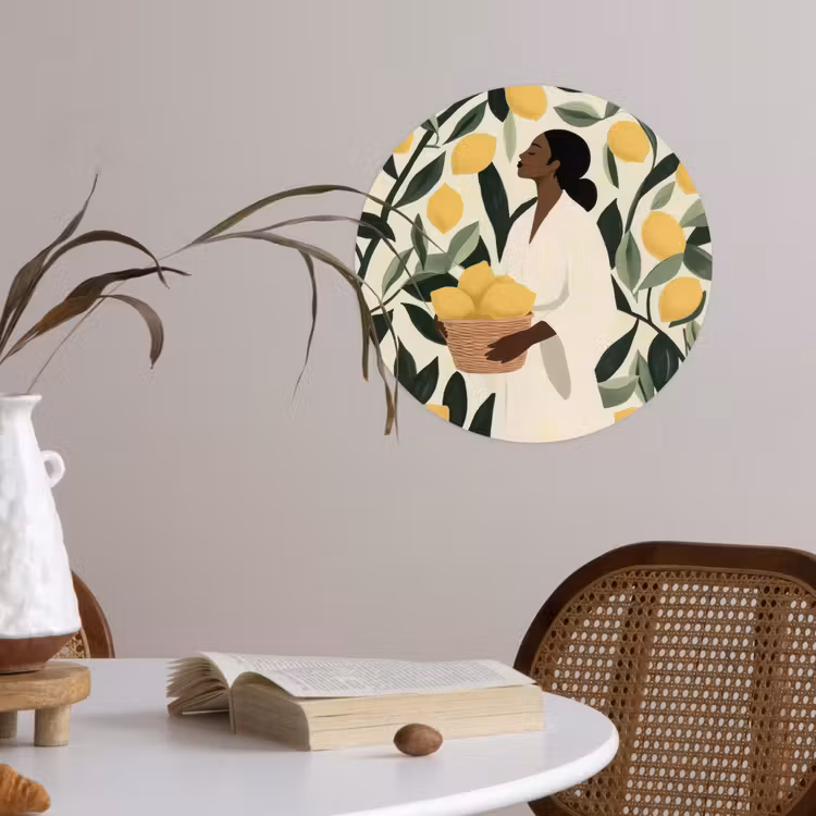 Vrouw - Mand - Citroenen - Bladeren Wandcirkel behangsticker klein -sfeer3