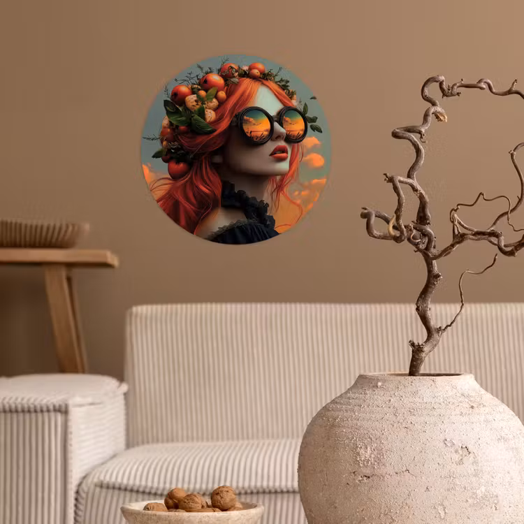 Vrouw - Kroon - Tomaat - Bascilicum - Zonnebril Wandcirkel behangsticker klein -sfeer1