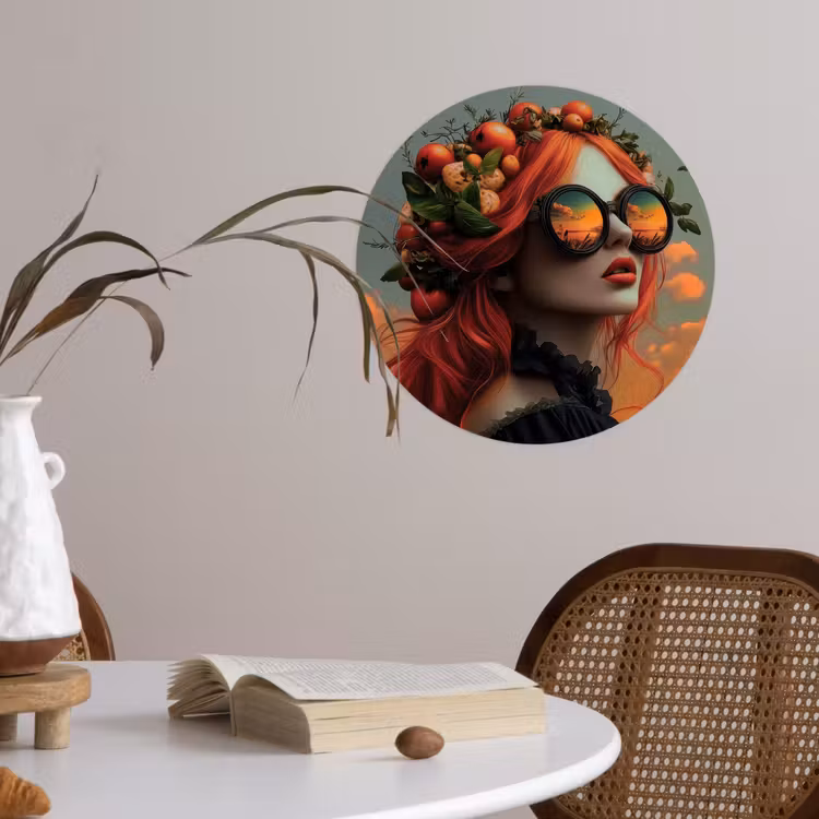 Vrouw - Kroon - Tomaat - Bascilicum - Zonnebril Wandcirkel behangsticker klein -sfeer3